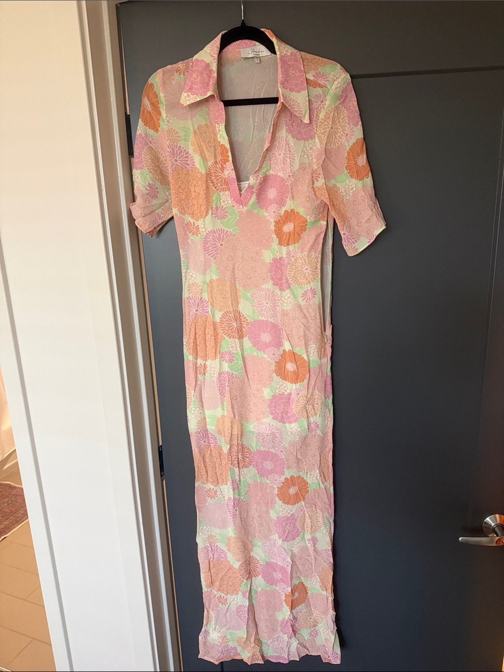 L'Academie Pink Floral Short-Sleeve Maxi Dress with Orange Accents
